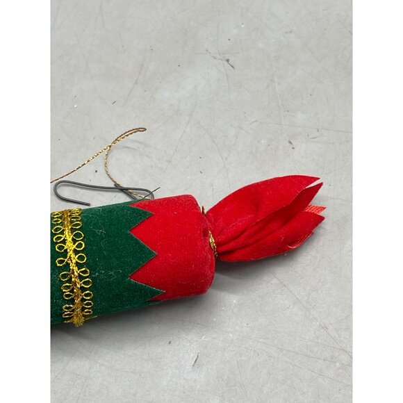 Christmas tree ornament present velvet red green gold trim cylinder 6" READ - Picture 2 of 5